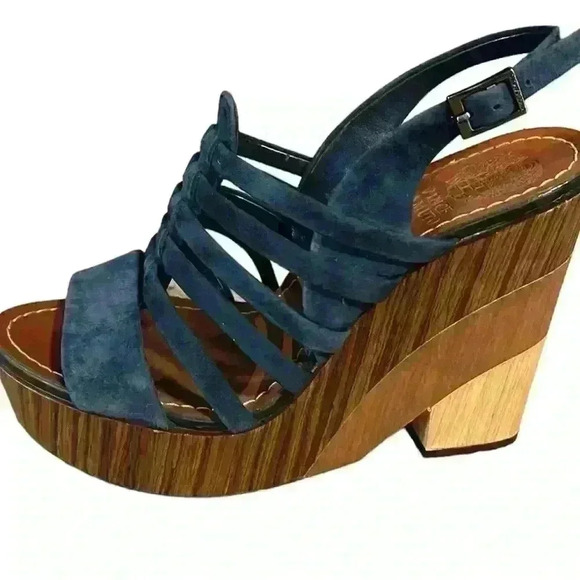 VINCE CAMUTO SANDALS Woman’s 8.5 M Onia Slingback Platform Blue Suede Wedge​ - Picture 9 of 9